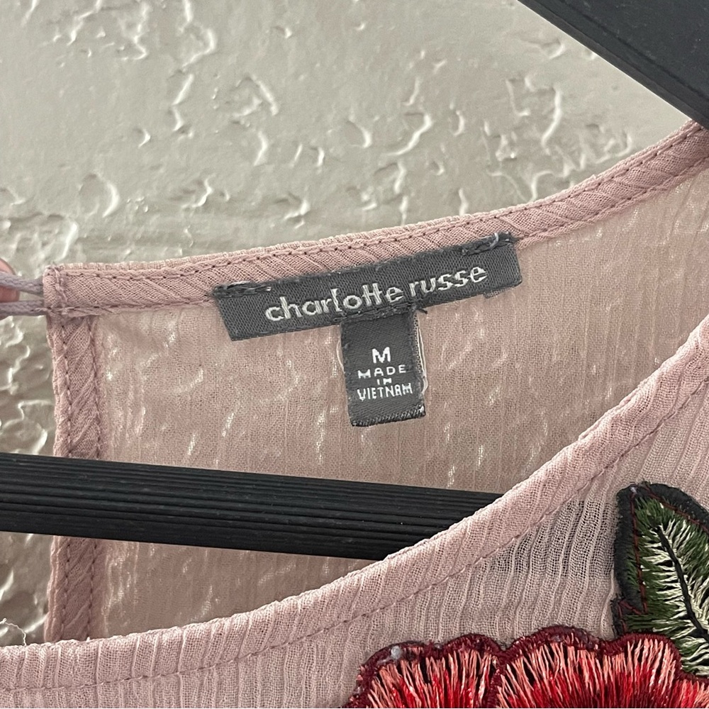 Charlotte‎ Russe Blush Pink Sheer Blouse with Red Floral Detail Size Medium - Picture 6 of 8
